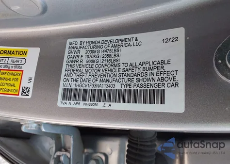 2022 Honda Accord Sport z USA, uszkodzony, nr VIN 1HGCV1F33NA113403